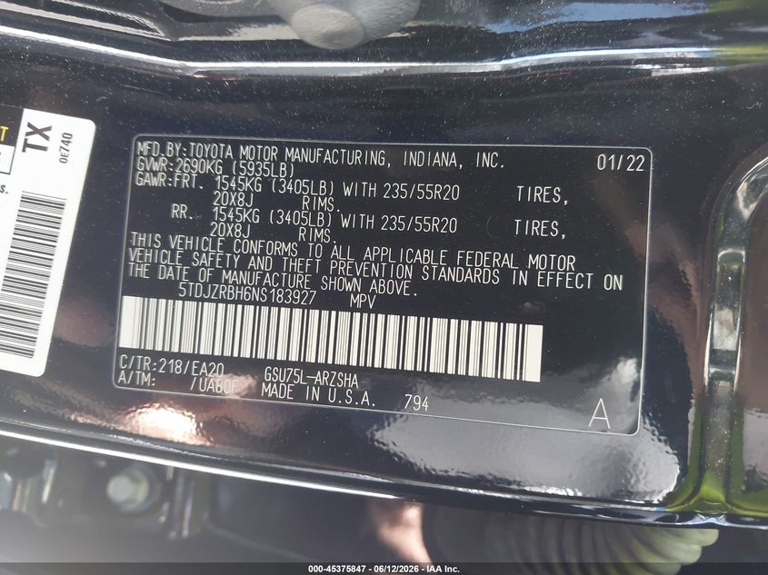 2022 Toyota Highlander VIN 5TDJZRBH6NS183927 IAAI salvage auction — FRONT & REAR, Salvage (California), sold $15,250 on 2026-07-08 (photo 9)