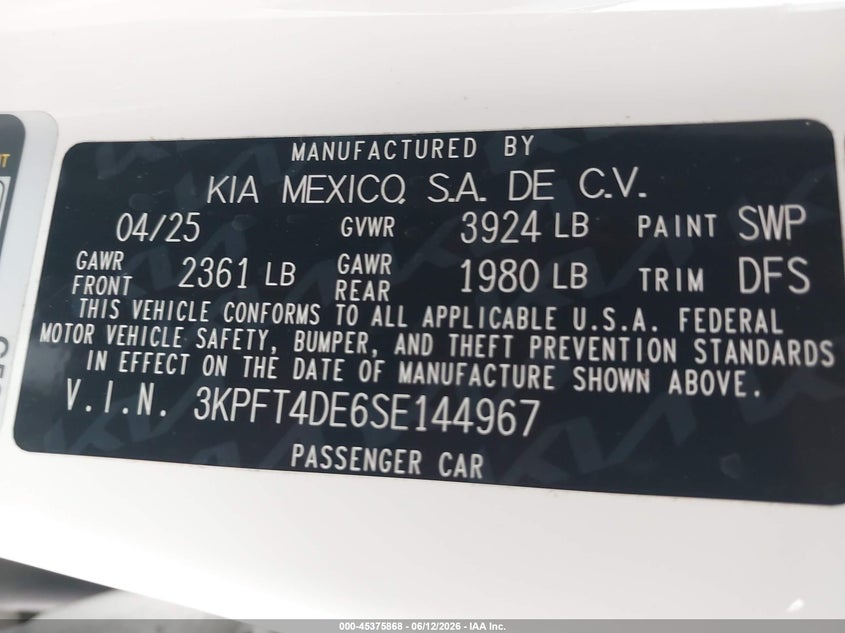 2025 Kia K4 VIN 3KPFT4DE6SE144967 IAAI salvage auction — REAR END, Salvage Title, sold $7,500 on 2026-08-01 (photo 9)