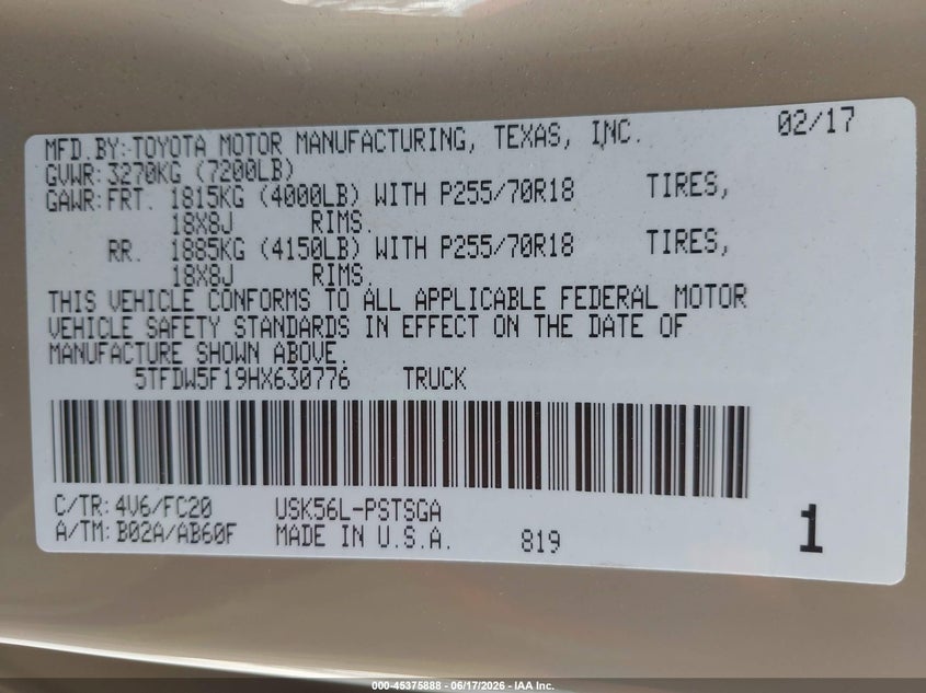 2017 Toyota Tundra VIN 5TFDW5F19HX630776 IAAI salvage auction — FRONT END, Original (Texas), sold $12,700 on 2026-07-27 (photo 9)