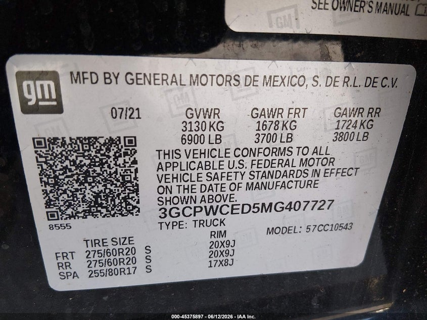 2021 Chevrolet Silverado VIN 3GCPWCED5MG407727 IAAI salvage auction — THEFT, Salvage Title, sold $19,700 on 2026-07-29 (photo 9)
