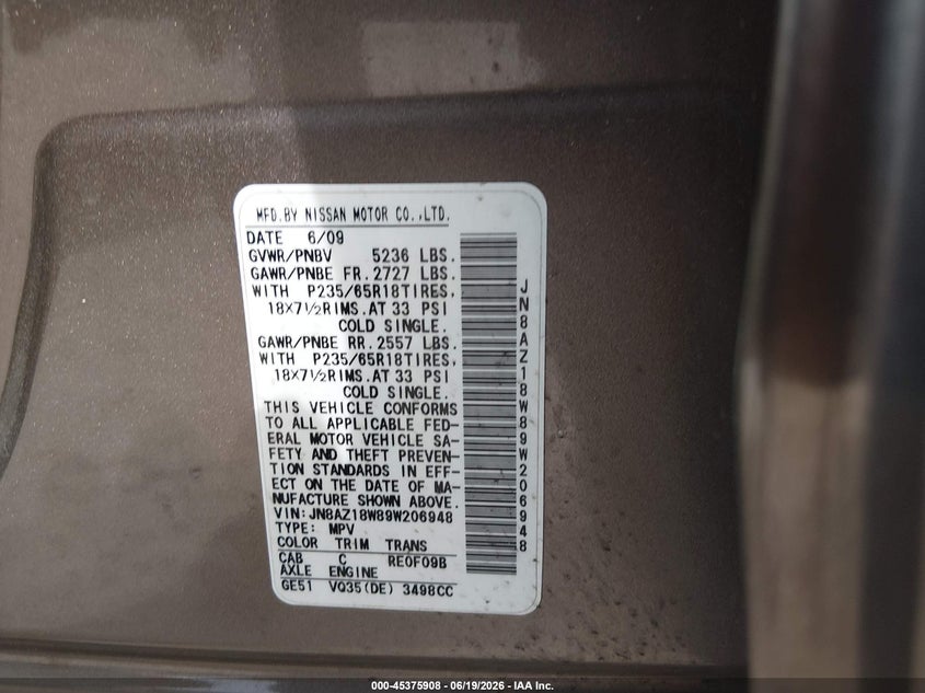 2009 Nissan Murano VIN JN8AZ18W89W206948 IAAI salvage auction — FRONT END, Salvage (Pennsylvania), sold $700 on 2026-07-10 (photo 9)