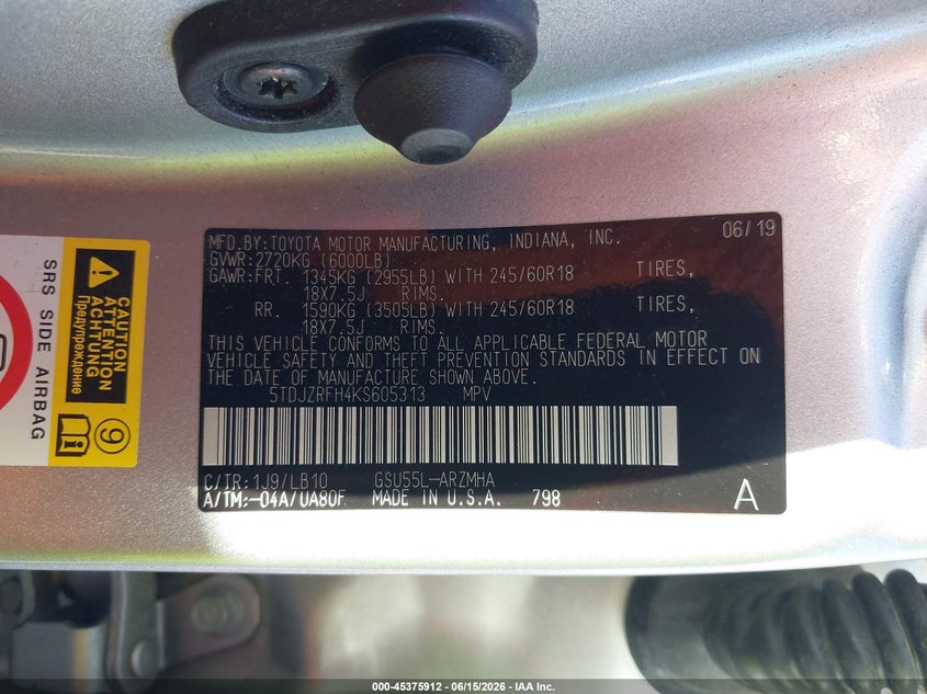 2019 Toyota Highlander VIN 5TDJZRFH4KS605313 IAAI salvage auction — FRONT END, Salvage (Pennsylvania), sold $9,950 on 2026-07-10 (photo 9)