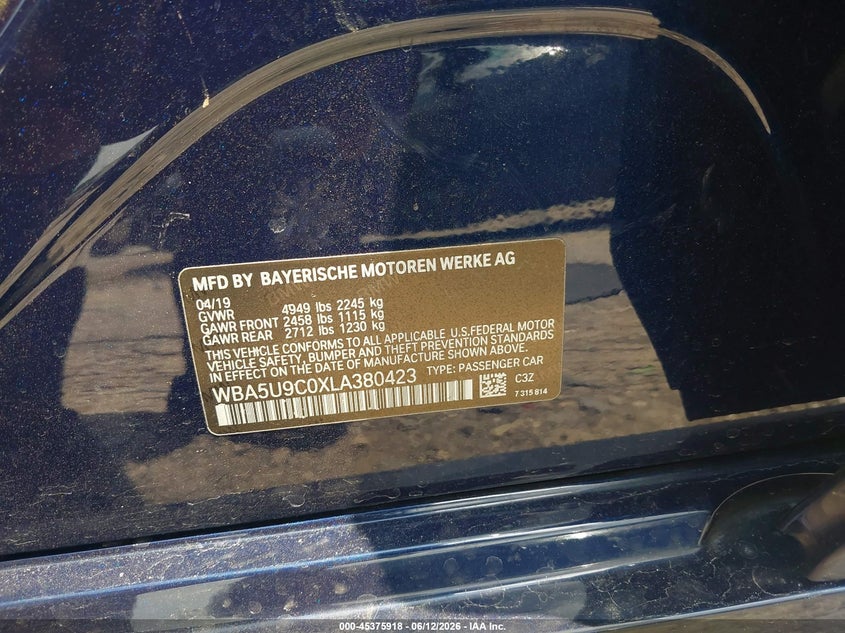 2020 BMW 3er VIN WBA5U9C0XLA380423 IAAI salvage auction — FRONT END, Salvage (Georgia), sold $7,000 on 2026-08-26 (photo 9)