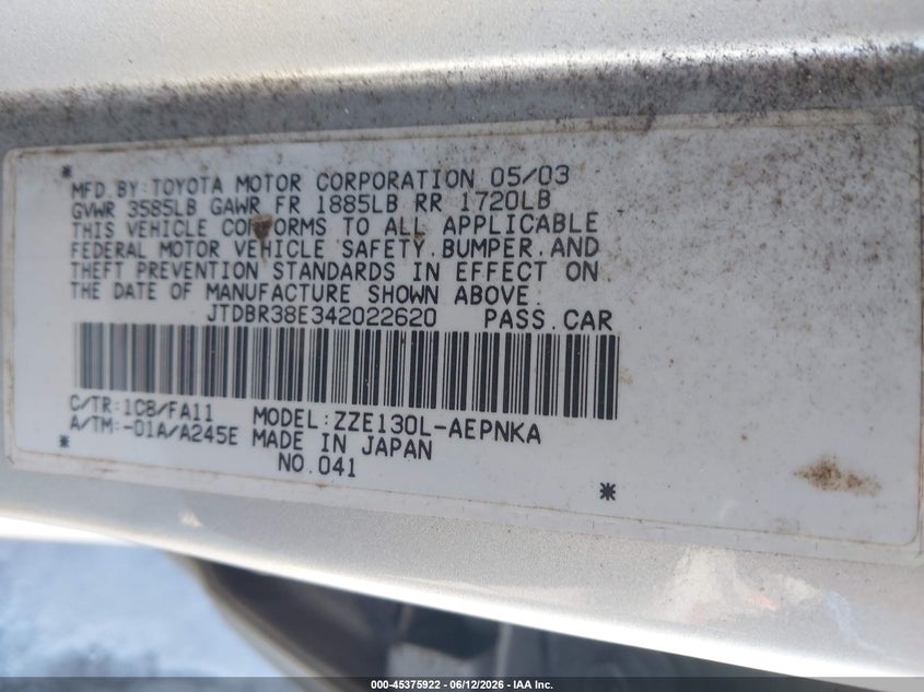 2004 Toyota Corolla VIN JTDBR38E342022620 IAAI salvage auction — NORMAL WEAR, Clear - Dealer Only (California), sold $875 on 2026-07-06 (photo 9)