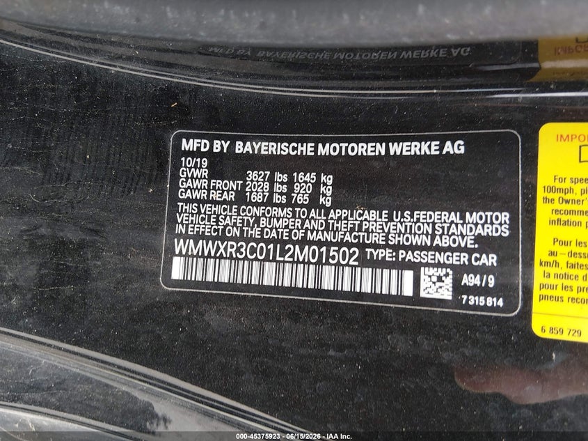 2020 Mini Hard top VIN WMWXR3C01L2M01502 IAAI salvage auction — THEFT, Original (Texas), sold $1,150 on 2026-07-28 (photo 9)
