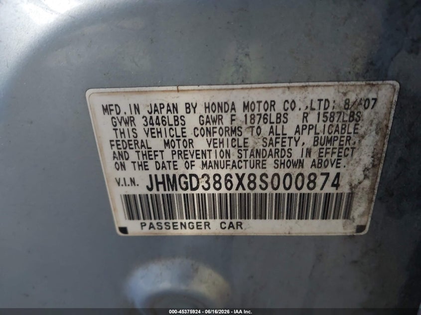 2008 Honda Fit VIN JHMGD386X8S000874 IAAI salvage auction — BIOHAZARD/CHEMICAL, Bill Of Sale (Georgia), sold $250 on 2026-07-17 (photo 9)