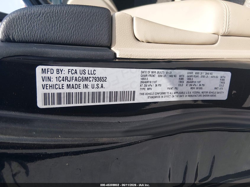 2021 Jeep Grand cherokee VIN 1C4RJFAG6MC793652 IAAI salvage auction — NORMAL WEAR, Sf97 (Maryland), sold $13,700 on 2026-08-31 (photo 9)