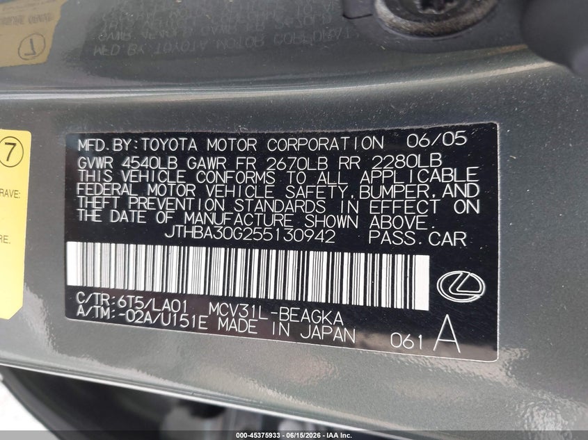2005 Lexus VIN JTHBA30G255130942 IAAI salvage auction — NORMAL WEAR, Repossession Paperwork (Georgia), sold $2,125 on 2026-07-08 (photo 9)