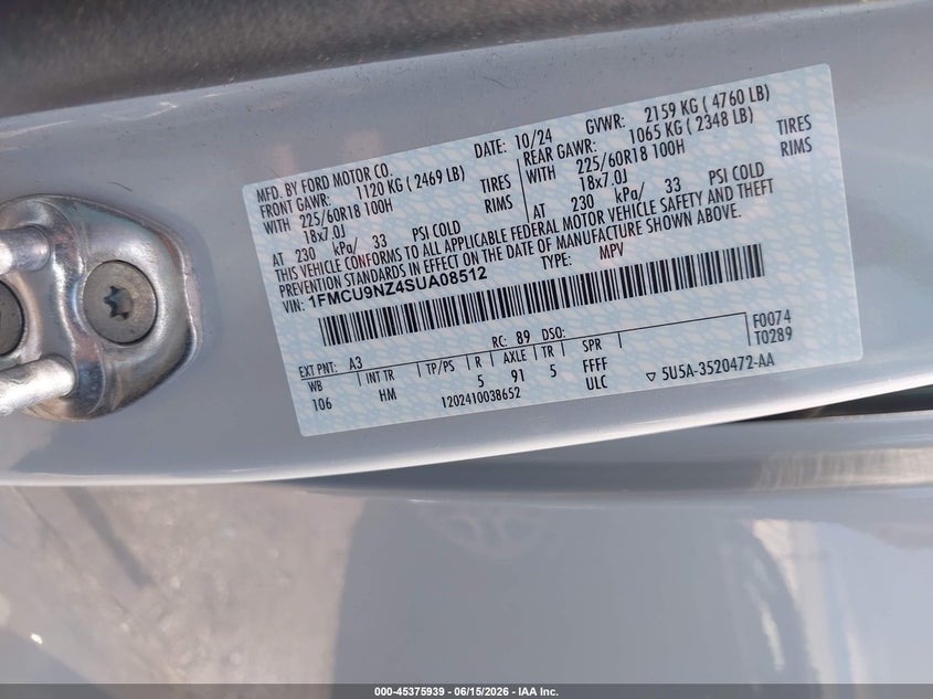 2025 Ford Escape VIN 1FMCU9NZ4SUA08512 IAAI salvage auction — FRONT END, Salvage Title, sold $7,600 on 2026-08-24 (photo 9)
