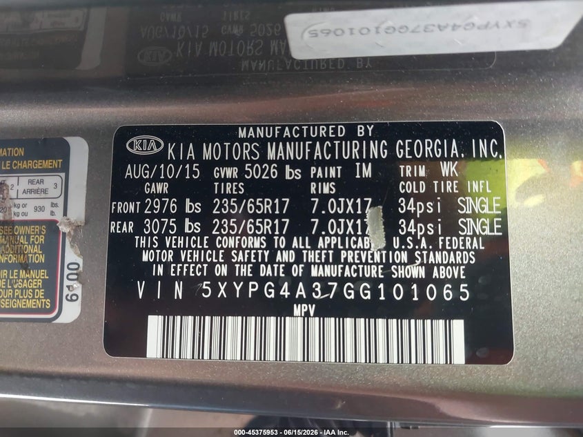 2016 Kia Sorento VIN 5XYPG4A37GG101065 IAAI salvage auction — LEFT FRONT, Salvage (Texas), sold $925 on 2026-07-17 (photo 9)