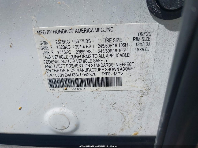 2020 Acura Mdx VIN 5J8YD4H38LL042370 IAAI salvage auction — LEFT SIDE, Salvage Title, sold $8,500 on 2026-08-25 (photo 9)