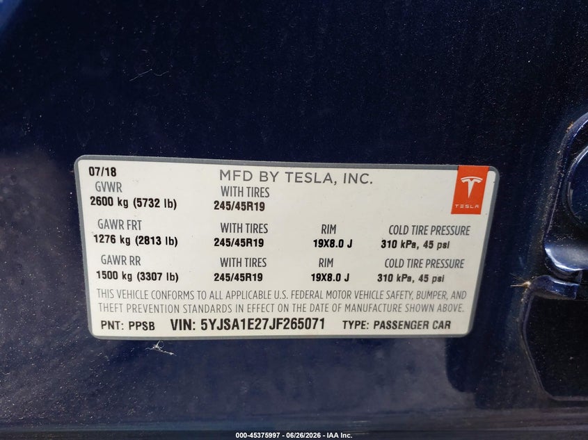 2018 Tesla Model s VIN 5YJSA1E27JF265071 IAAI salvage auction — REAR END, Mv-907A (New York), sold $7,800 on 2026-07-10 (photo 9)