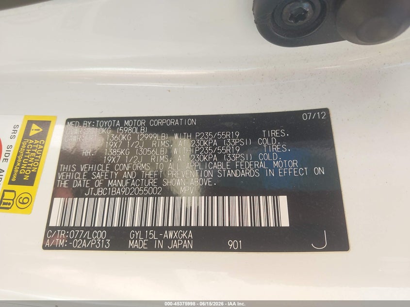 2013 Lexus Rx VIN JTJBC1BA9D2055002 IAAI salvage auction — FRONT END, Salvage (Utah), sold $1,550 on 2026-07-30 (photo 9)