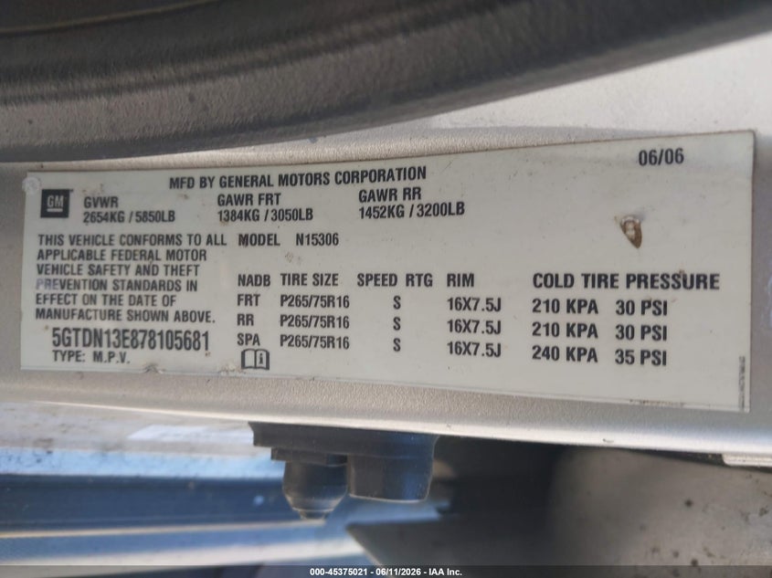2007 Hummer H3 VIN 5GTDN13E878105681 IAAI salvage auction — NORMAL WEAR, Clear - Dealer Only (California), sold $825 on 2026-07-29 (photo 9)
