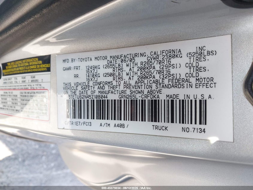 2005 Toyota Tacoma VIN 5TETU62N45Z108044 IAAI salvage auction — LEFT FRONT, Salvage (California), sold $4,950 on 2026-07-30 (photo 9)