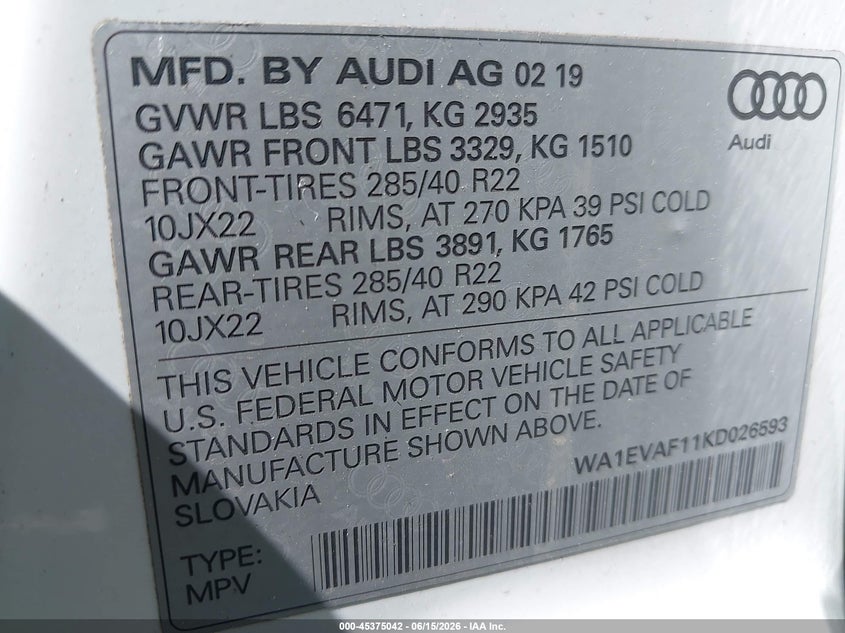 2019 Audi Q8 VIN WA1EVAF11KD026593 IAAI salvage auction — LEFT FRONT, Salvage (Pennsylvania), sold $12,200 on 2026-07-14 (photo 9)
