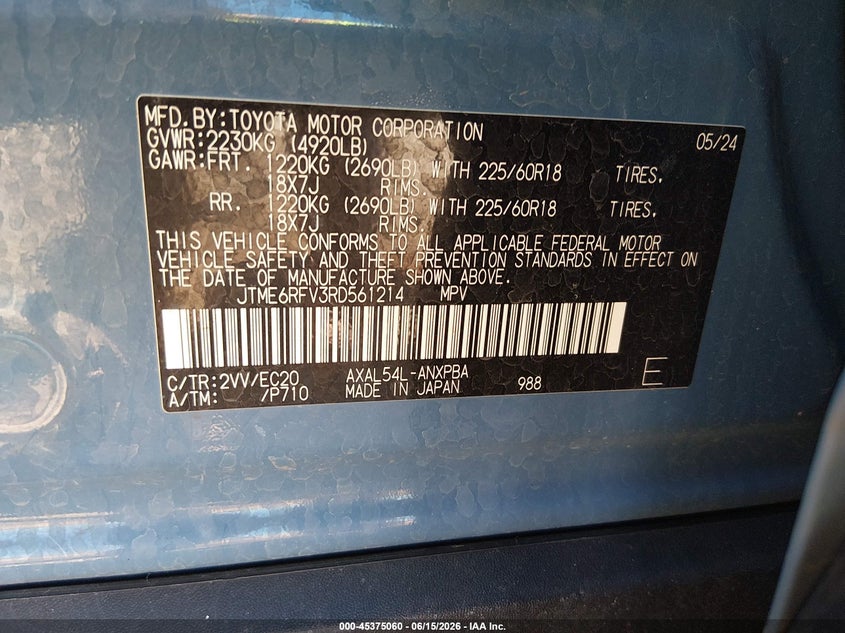 2024 Toyota Rav 4 VIN JTME6RFV3RD561214 IAAI salvage auction — HAIL, Clear (Missouri), sold $22,500 on 2026-07-06 (photo 9)