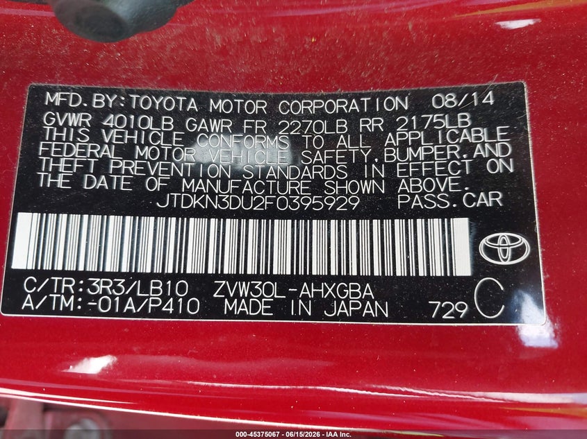 2015 Toyota Prius VIN JTDKN3DU2F0395929 IAAI salvage auction — FRONT END, Salvage (Tennessee), sold $700 on 2026-07-08 (photo 9)