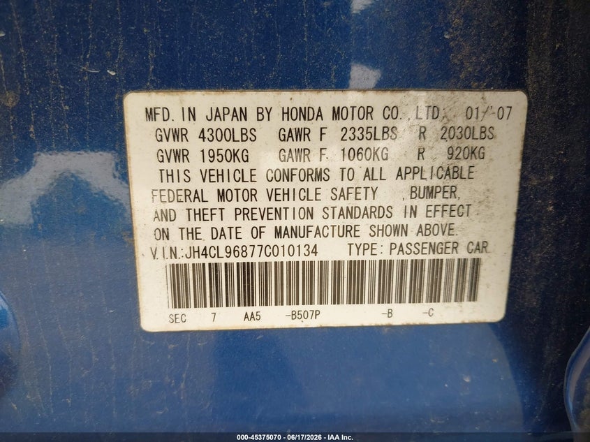 2007 Acura Tsx VIN JH4CL96877C010134 IAAI salvage auction — NORMAL WEAR, Original (Ohio), sold $325 on 2026-07-20 (photo 9)