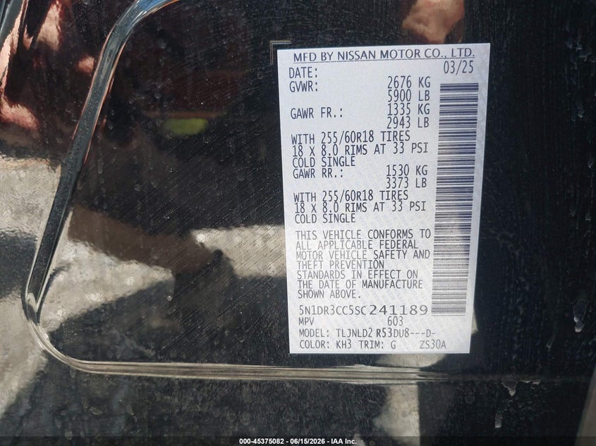 2025 Nissan Pathfinder VIN 5N1DR3CC5SC241189 IAAI salvage auction — FRONT END, Salvage Title, sold $13,100 on 2026-07-28 (photo 9)