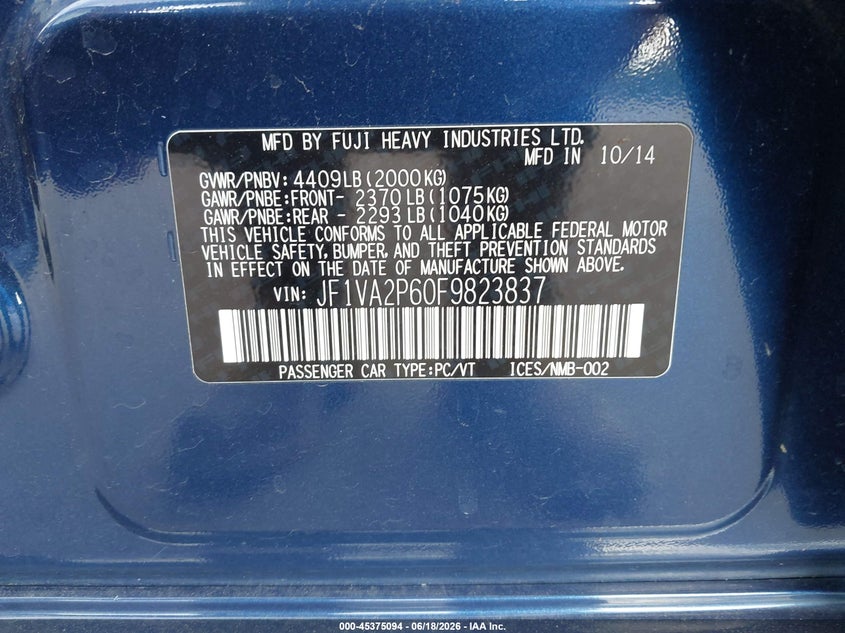 2015 Subaru Wrx sti VIN JF1VA2P60F9823837 IAAI salvage auction — SIDE, Salvage Title, sold $25 on 2026-08-01 (photo 9)