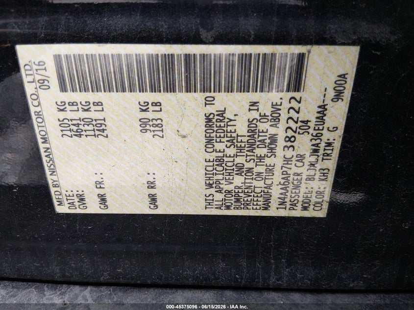 2017 Nissan Maxima VIN 1N4AA6AP7HC382222 IAAI salvage auction — UNKNOWN, Salvage - Greater Than 75% (Maryland), sold $1,200 on 2026-08-01 (photo 9)