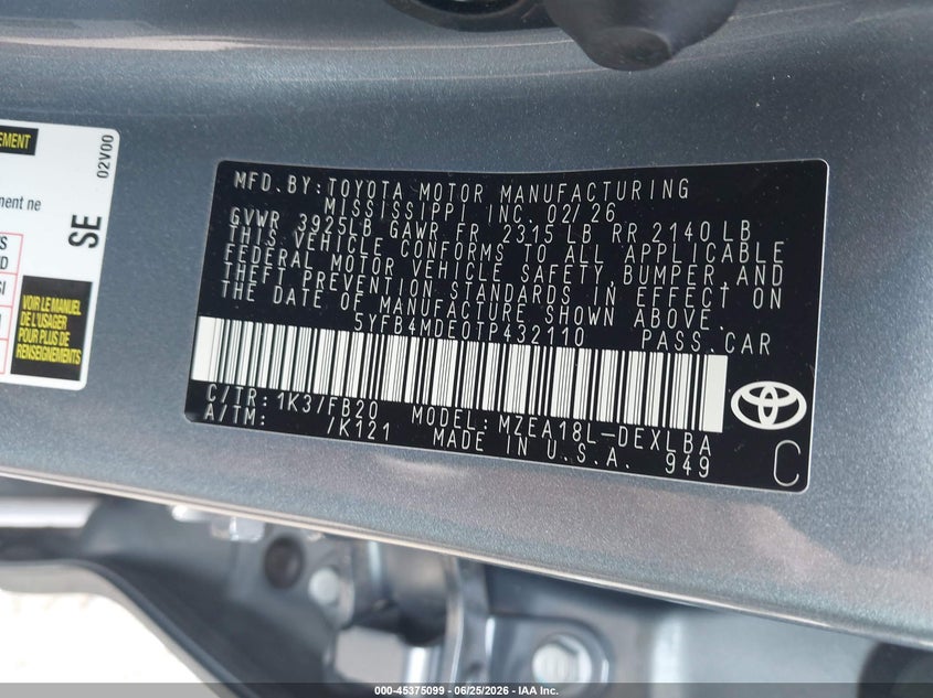 2026 Toyota Corolla VIN 5YFB4MDE0TP432110 IAAI salvage auction — HAIL, Clear Claim Paid (Wisconsin), sold $525 on 2026-07-30 (photo 9)