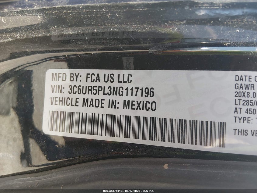 2022 Ram 2500 VIN 3C6UR5PL3NG117196 IAAI salvage auction — Burn Engine, Salvage (Texas), sold $13,600 on 2026-07-31 (photo 9)
