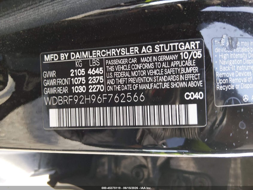 2006 Mercedes-benz C class VIN WDBRF92H96F762566 IAAI salvage auction — NORMAL WEAR, Clear (New Jersey), sold $425 on 2026-07-14 (photo 9)