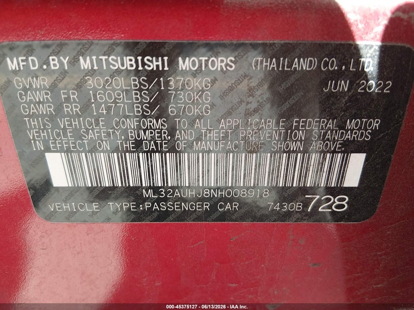 2022 Mitsubishi Mirage VIN ML32AUHJ8NH008918 IAAI salvage auction — LEFT FRONT, Salvage (Colorado), sold $1,850 on 2026-07-14 (photo 9)