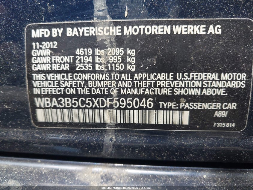 2013 BMW 3er VIN WBA3B5C5XDF595046 IAAI salvage auction — FRONT END, Salvage Title, sold $1,100 on 2026-08-16 (photo 9)
