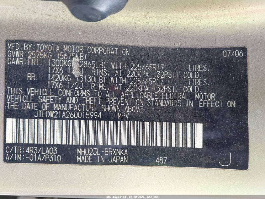 2006 Toyota Highlander hybrid VIN JTEDW21A260015994 IAAI salvage auction — FRONT & REAR, Salvage (Georgia), sold $675 on 2026-07-09 (photo 9)