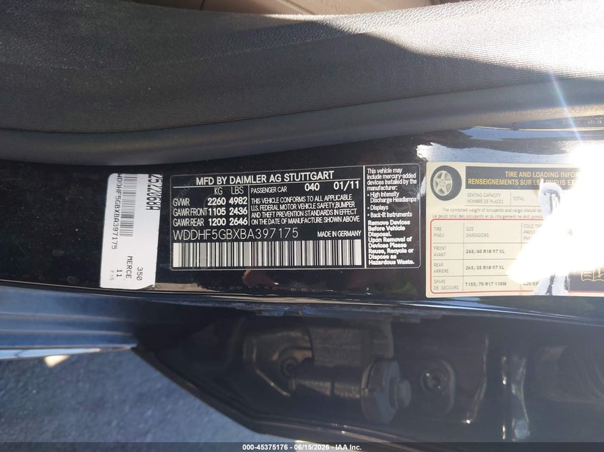 2011 Mercedes-benz E-class VIN WDDHF5GBXBA397175 IAAI salvage auction — LEFT SIDE, Salvage Certificate (California), sold $425 on 2026-07-10 (photo 9)