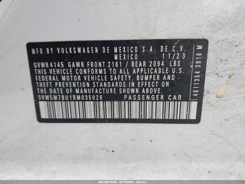 2024 Volkswagen Jetta VIN 3VW5M7BU1RM035026 IAAI salvage auction — FRONT END, Salvage Title, sold $700 on 2026-07-23 (photo 9)