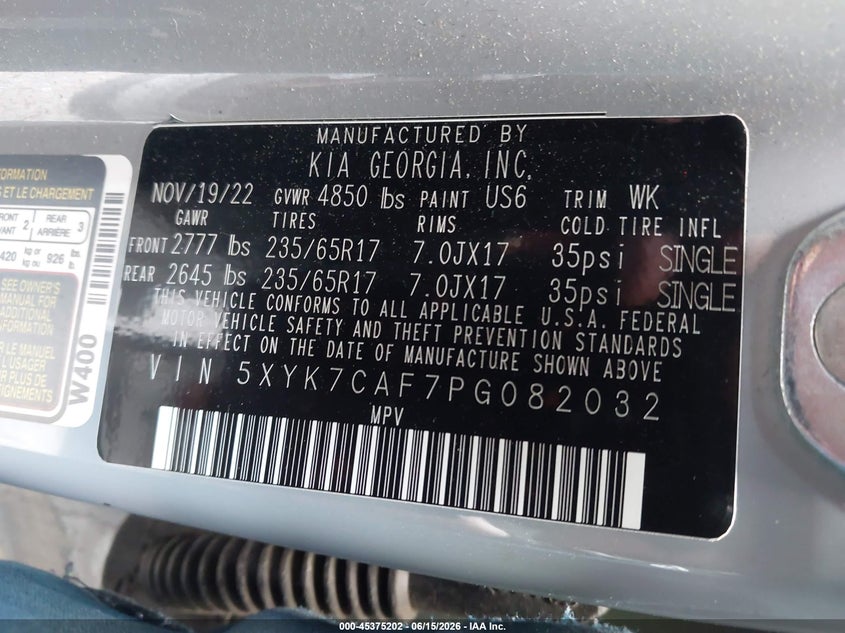 2023 Kia Sportage VIN 5XYK7CAF7PG082032 IAAI salvage auction — LEFT REAR, Mv-907A (New York), sold $9,100 on 2026-07-14 (photo 9)