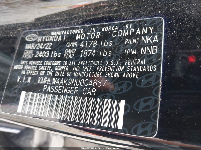 2022 Hyundai Elantra n VIN KMHLW4AK9NU004837 IAAI salvage auction — FRONT END, Salvage (Ohio), sold $5,100 on 2026-07-11 (photo 9)