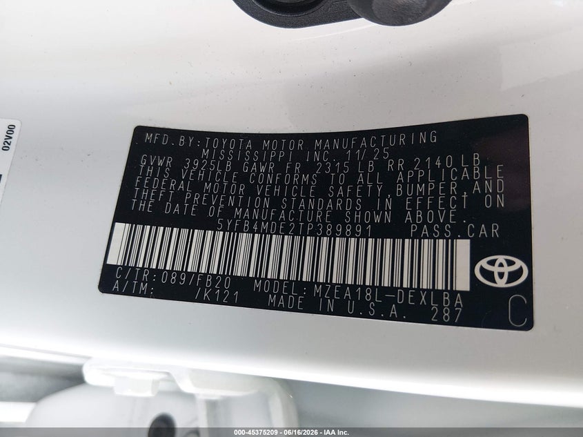 2026 Toyota Corolla VIN 5YFB4MDE2TP389891 IAAI salvage auction — REAR END, Salvage Title, sold $10,000 on 2026-07-28 (photo 9)