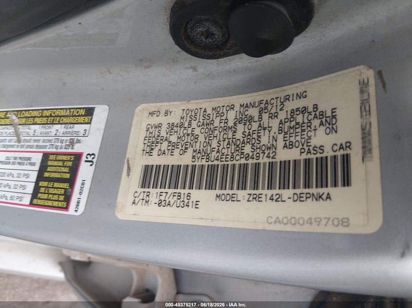2012 Toyota Corolla VIN 5YFBU4EE8CP049742 IAAI salvage auction — NORMAL WEAR, Clear - Public Restricted (Oklahoma), sold $1,550 on 2026-07-08 (photo 9)