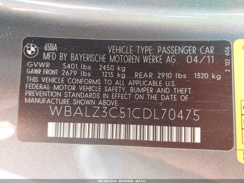 2012 BMW 6er VIN WBALZ3C51CDL70475 IAAI salvage auction — FRONT END, Salvage (Pennsylvania), sold $1,500 on 2026-07-24 (photo 9)