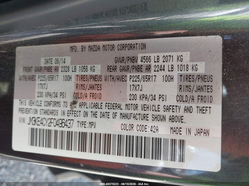 2015 Mazda Cx-5 VIN JM3KE4CY2F0496437 IAAI salvage auction — FRONT END, Salvage (Pennsylvania), sold $2,850 on 2026-07-10 (photo 9)