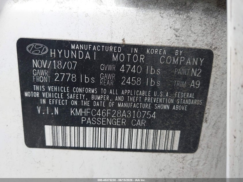 2008 Hyundai Azera VIN KMHFC46F28A310754 IAAI salvage auction — FRONT END, Salvage (Rhode Island), sold $25 on 2026-07-28 (photo 9)