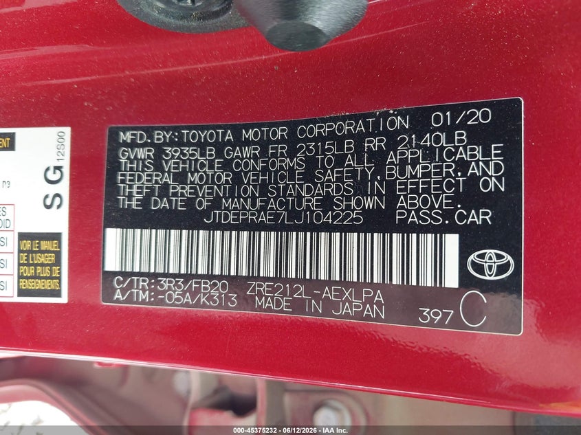 2020 Toyota Corolla VIN JTDEPRAE7LJ104225 IAAI salvage auction — RIGHT FRONT, Salvage (Georgia), sold $2,700 on 2026-07-30 (photo 9)