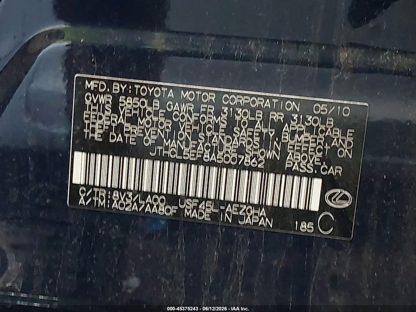 2010 Lexus Ls 460 VIN JTHCL5EF8A5007862 IAAI salvage auction — NORMAL WEAR, Salvage (Virginia), sold $950 on 2026-07-09 (photo 9)