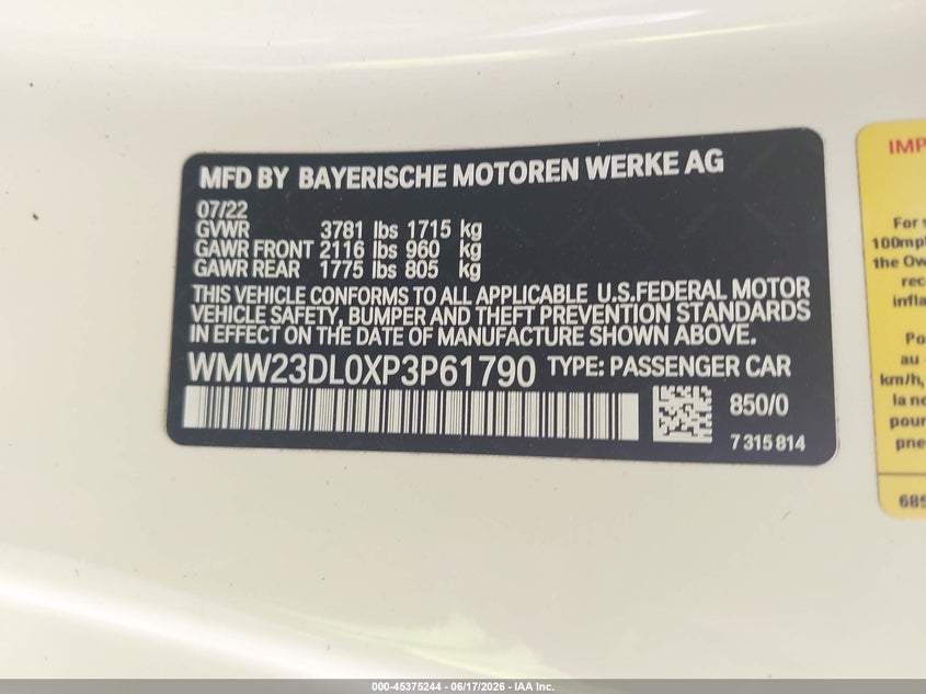 2023 Mini Convertible VIN WMW23DL0XP3P61790 IAAI salvage auction — RIGHT SIDE, Rebuildable (Florida), sold $10,400 on 2026-07-23 (photo 9)