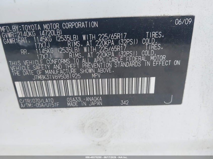 2009 Toyota Rav4 VIN JTMBK31V695081925 IAAI salvage auction — SIDE, Salvage (Georgia), sold $1,750 on 2026-07-29 (photo 9)
