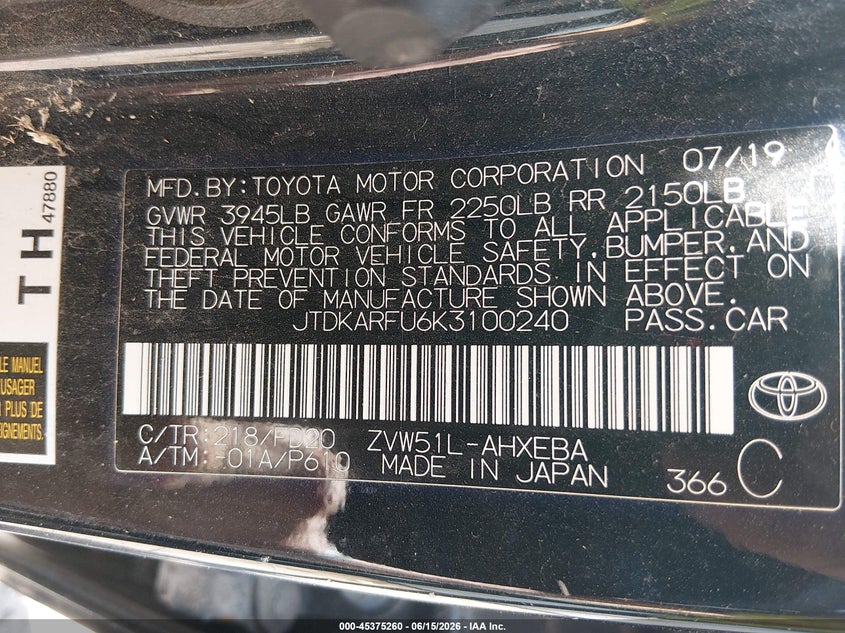 2019 Toyota Prius VIN JTDKARFU6K3100240 IAAI salvage auction — STORM DAMAGE, Junk Bill Of Sale Mv2459 (Wisconsin), sold $1,250 on 2026-07-15 (photo 9)