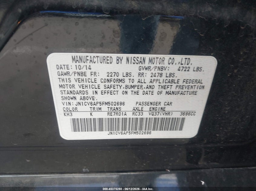 2015 Infiniti Q40 VIN JN1CV6AP5FM502696 IAAI salvage auction — THEFT, Salvage (Arizona), sold $950 on 2026-07-14 (photo 9)