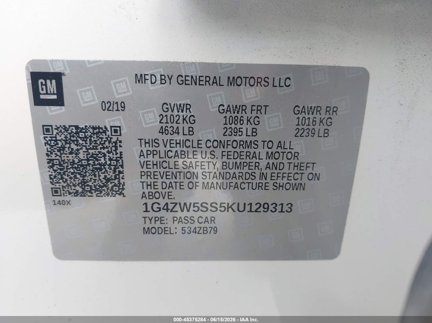 2019 Buick Lacrosse VIN 1G4ZW5SS5KU129313 IAAI salvage auction — REAR END, Original (Texas), sold $7,200 on 2026-07-22 (photo 9)
