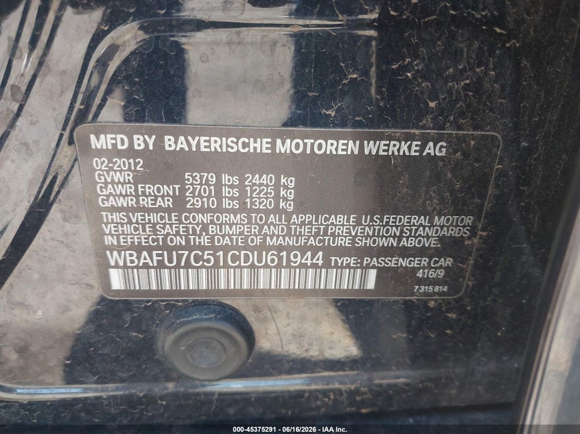 2012 BMW 5er VIN WBAFU7C51CDU61944 IAAI salvage auction — REPOSSESSION, Salvage Title, sold $550 on 2026-07-21 (photo 9)