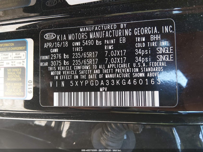2019 Kia Sorento VIN 5XYPGDA33KG460163 IAAI salvage auction — REAR END, Salvage (Massachusetts), sold $1,900 on 2026-07-23 (photo 9)